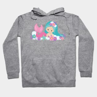 Cute Mermaid, Little Mermaid, Flowers, Blue Hair Hoodie